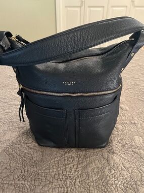 Radley London Navy Blue Pebbled Leather Wide Strap Carry All Bag Original $288